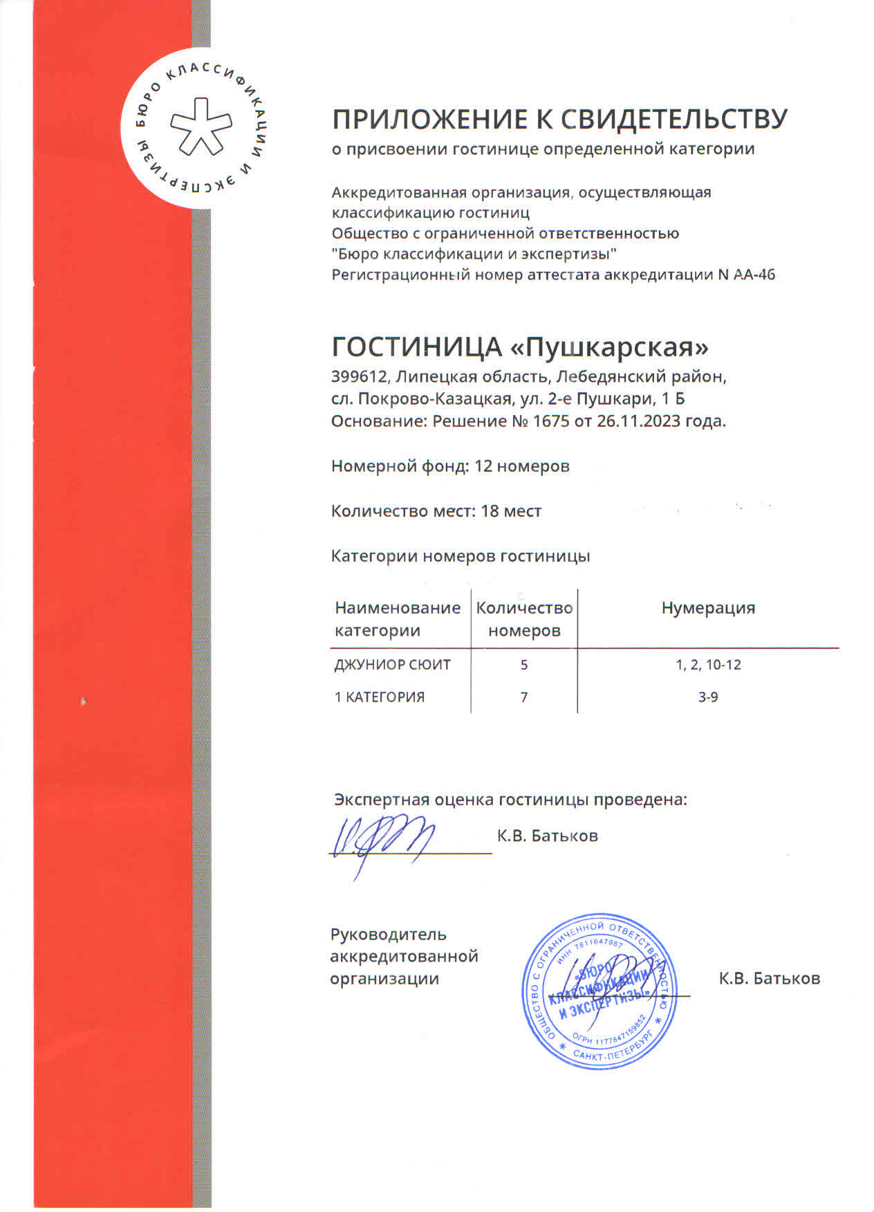 Свидетельство - гостиница Пушкарская г. Лебедянь